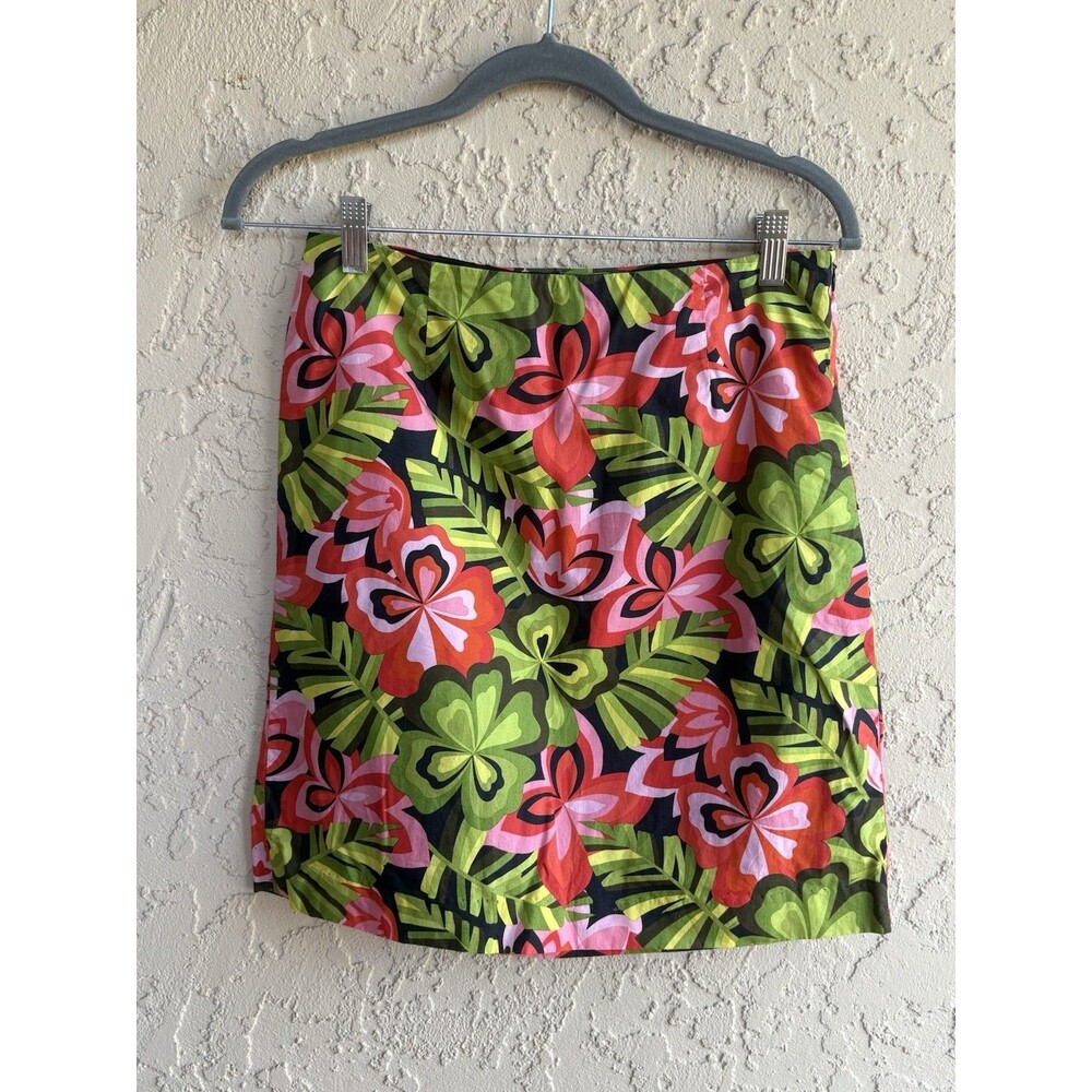 Talbots Bright Pink Green Floral Size 4 Cotton Womans Lined mini Skirt Side Zip